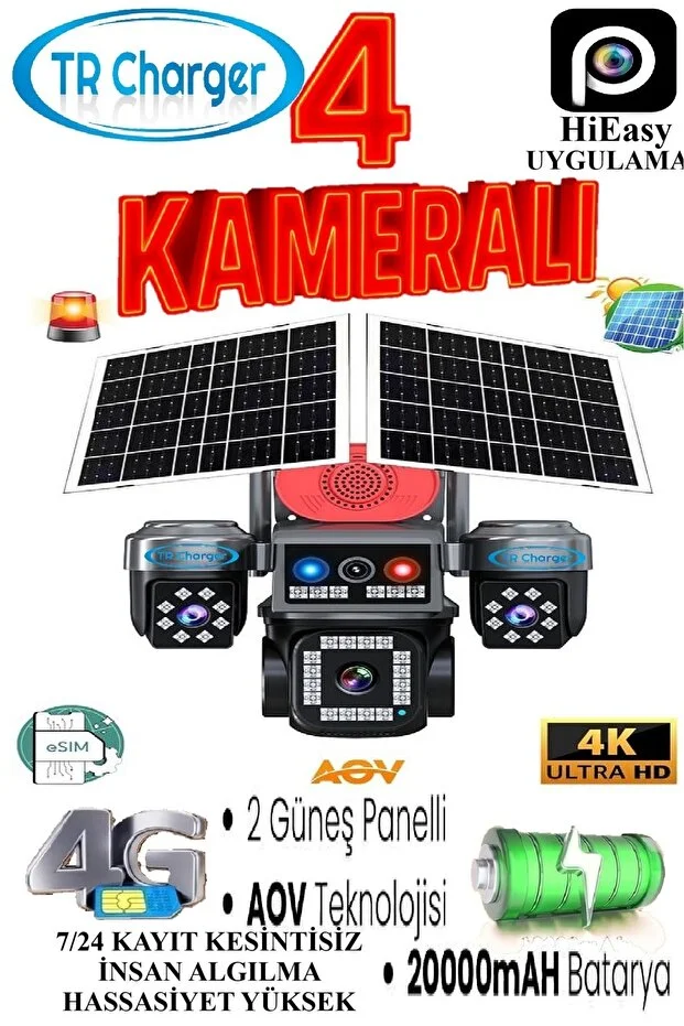 4 Kameralı E-SIM Güneş Enerjili Güvenlik Kamerası – Çift Güneş Paneli, SIM Kartlı AOV Akıllı Kamera